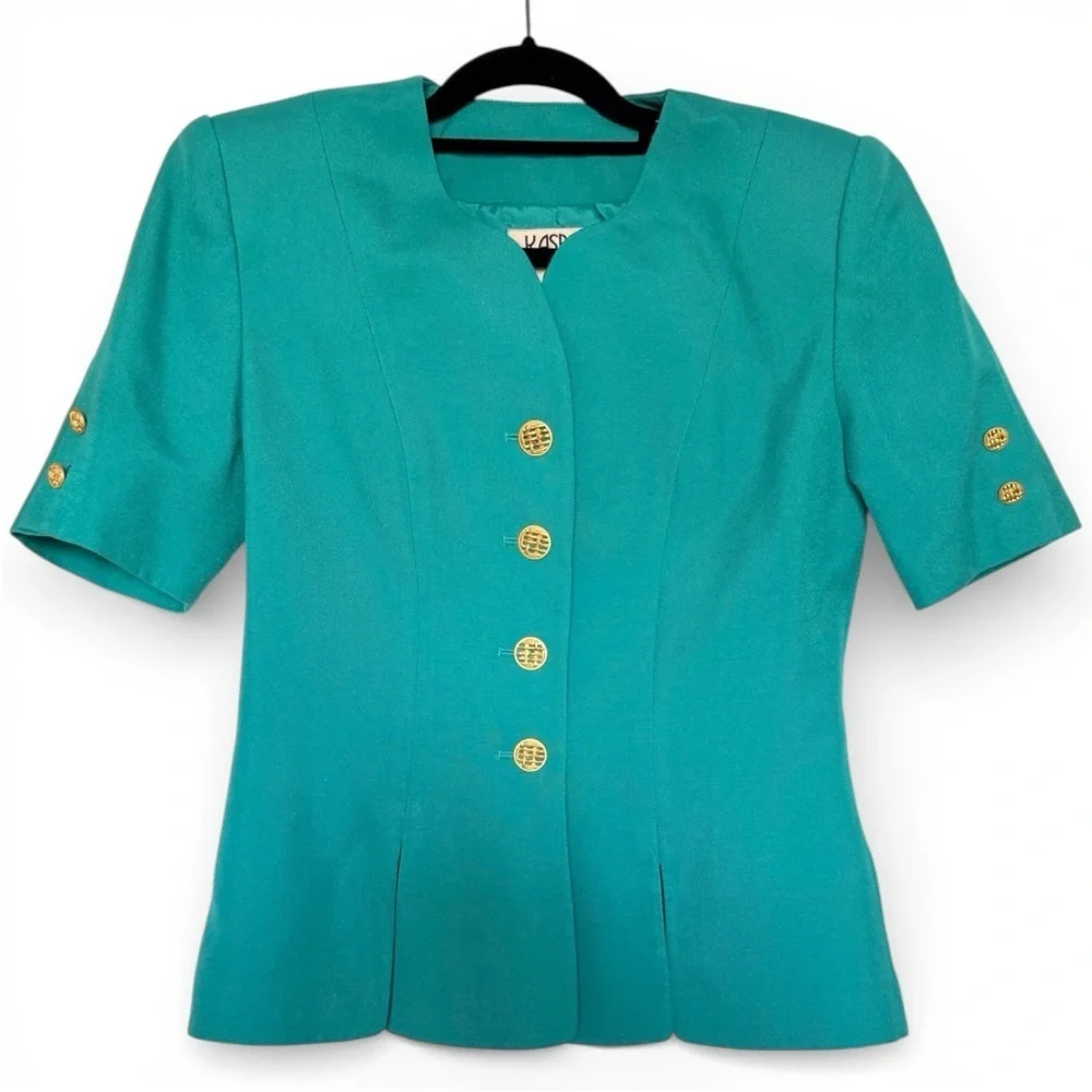 Vintage Kasper for A.S.L. Teal Short Sleeve Peplum 2-Piece Skirt Suit Size 8 EUC